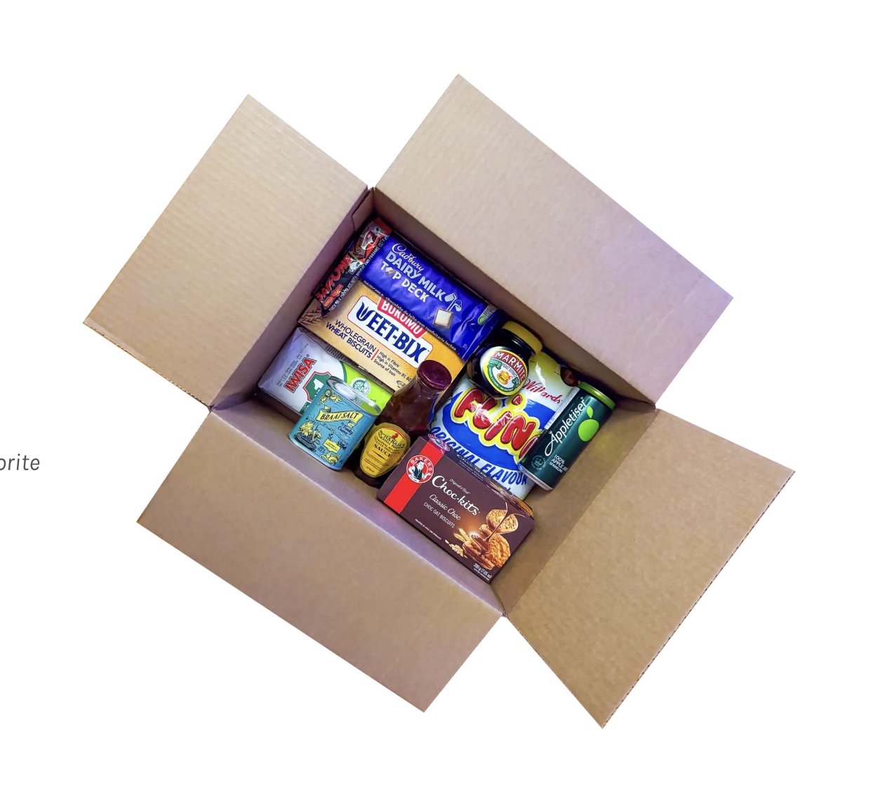 An open shipping box filled with South African goodies, including Appletiser, Mrs. Ball’s Chutney, Weet-Bix, Romany Creams, and other beloved South African snacks and pantry staples, ready for delivery from The South African Shop in Canada.